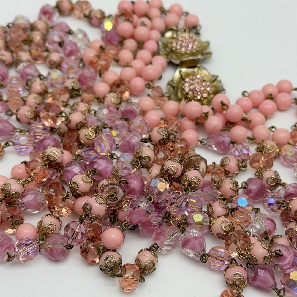 Vintage Pink Glass Necklace Beaded Givre Crystal Multi Strand Spring Flower 35"